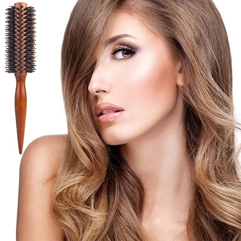 Anti-Static Boar Bristle Wood Round Hair Brush | Styling Round Hair Brush Qme