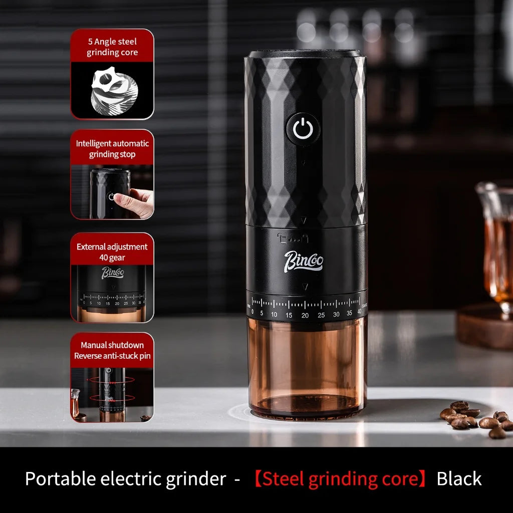 Bincoo Electric Coffee Grinder – Compact Automatic Bean Mill Electric Coffee Grinder Qst Black(Steel Core)