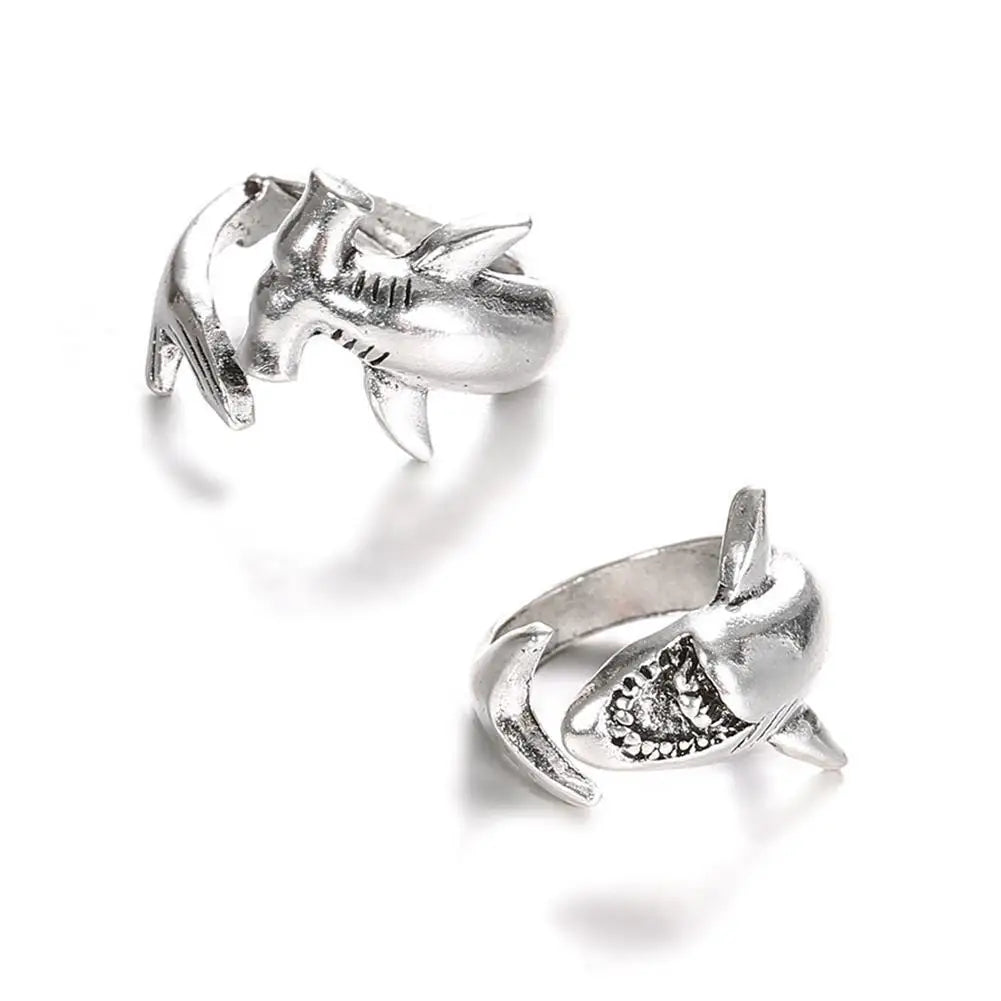 Vintage Shark Adjustable Metal Rings – Retro Gothic Animal Set Adjustable Fashion Ring Qme