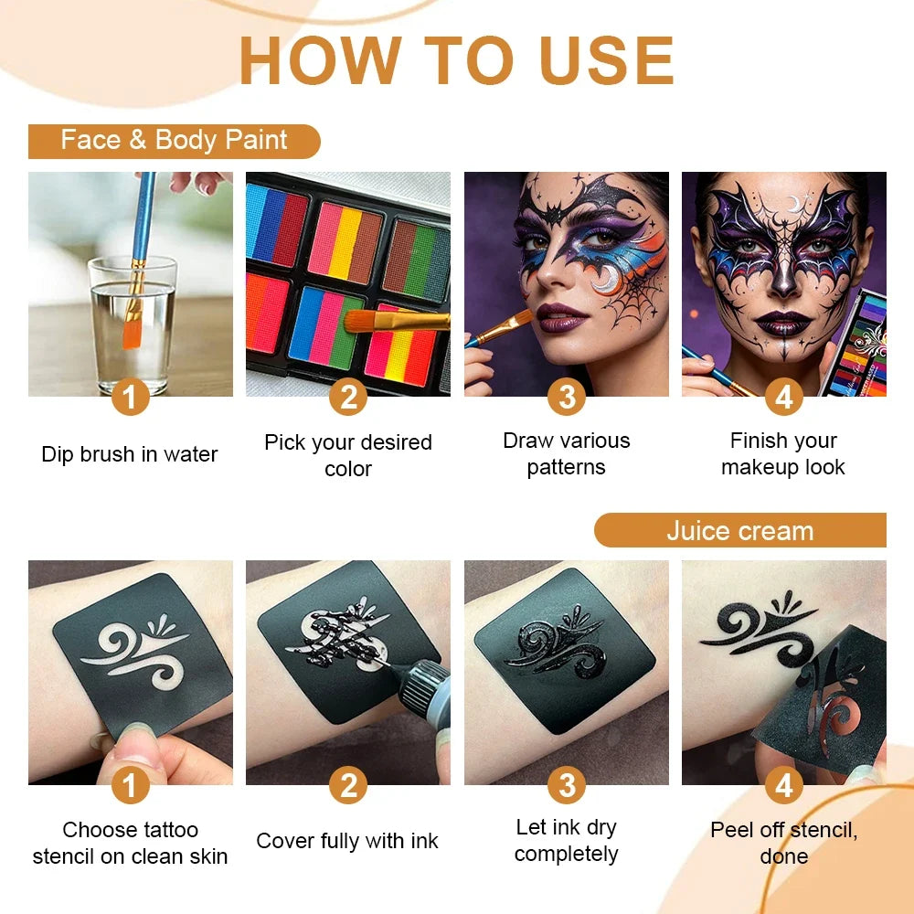 26-Color Face & Body Paint Kit – Brushes, Stencils & Ink Face & Body Paint Kit Qme