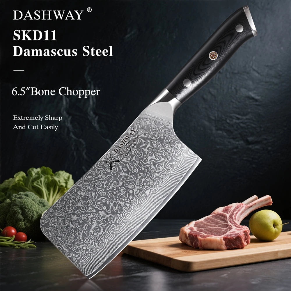 DASHWAY 6.5" Damascus Steel Bone Chopper Knife – G10 Handle Damascus Kitchen Knife Qst