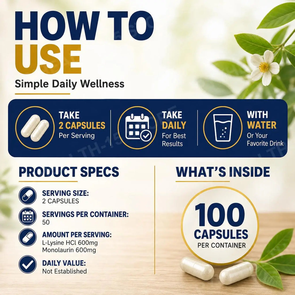 L-Lysine HCl & Monolaurin 1:1 Capsules – 600mg, 100 Count Amino Acid Supplement Qst