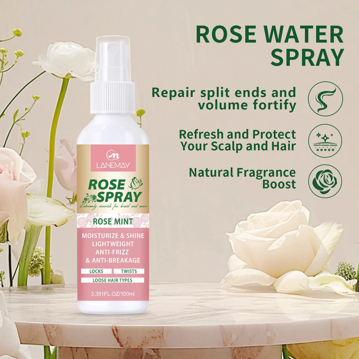 Rose & Mint Leave-In Hair Spray – Anti-Frizz Hydrating Mist Leave-In Hair Spray Qst