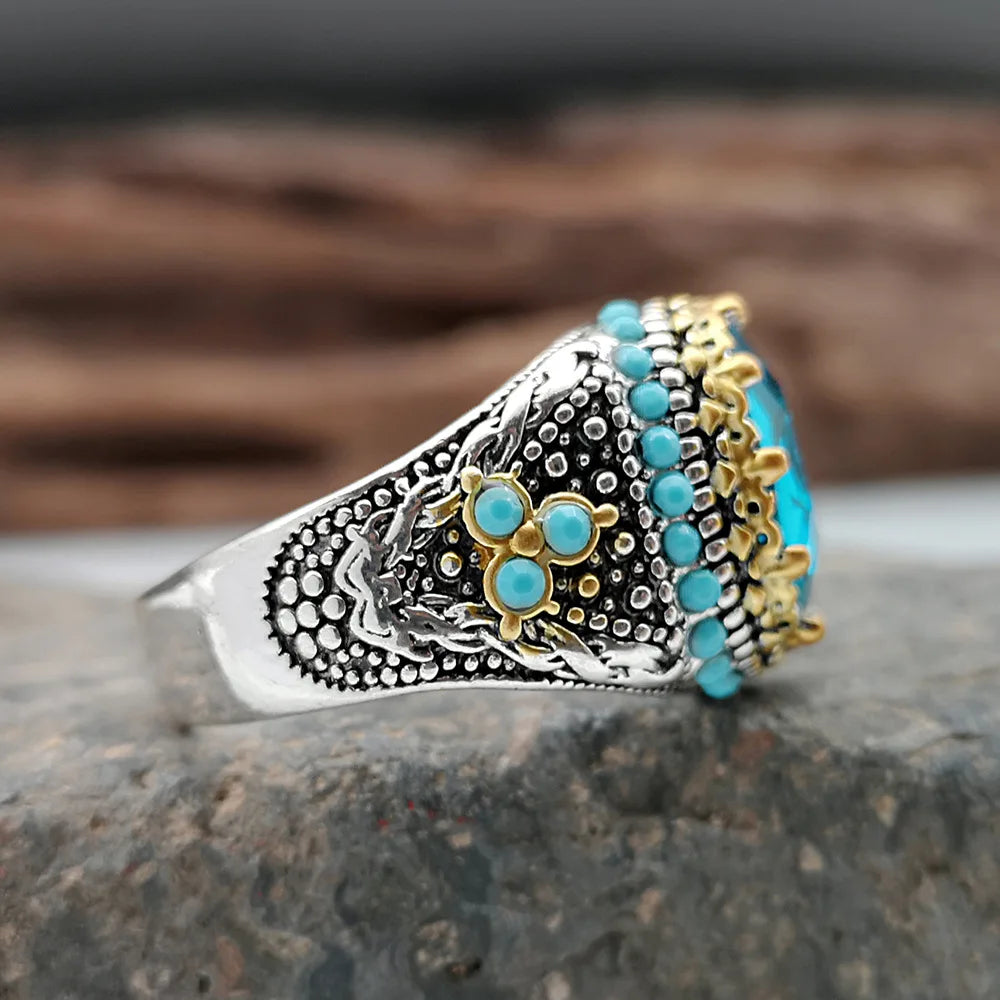 Men's Handmade Turkish Turquoise Gem Ring – Vintage Punk Style Men's Gemstone Ring Qme