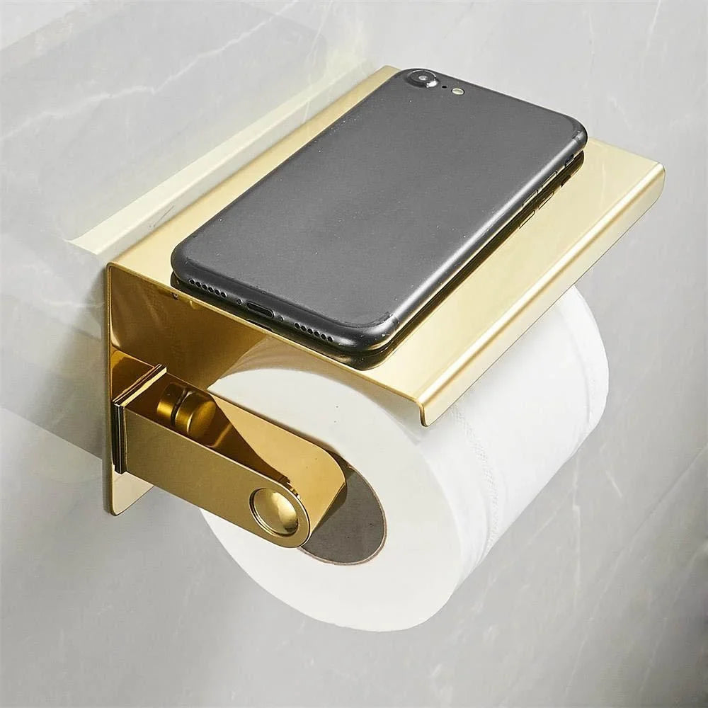 Gold Wall Mounted Toilet Paper Holder with Storage Shelf Toilet Paper Holder Qme