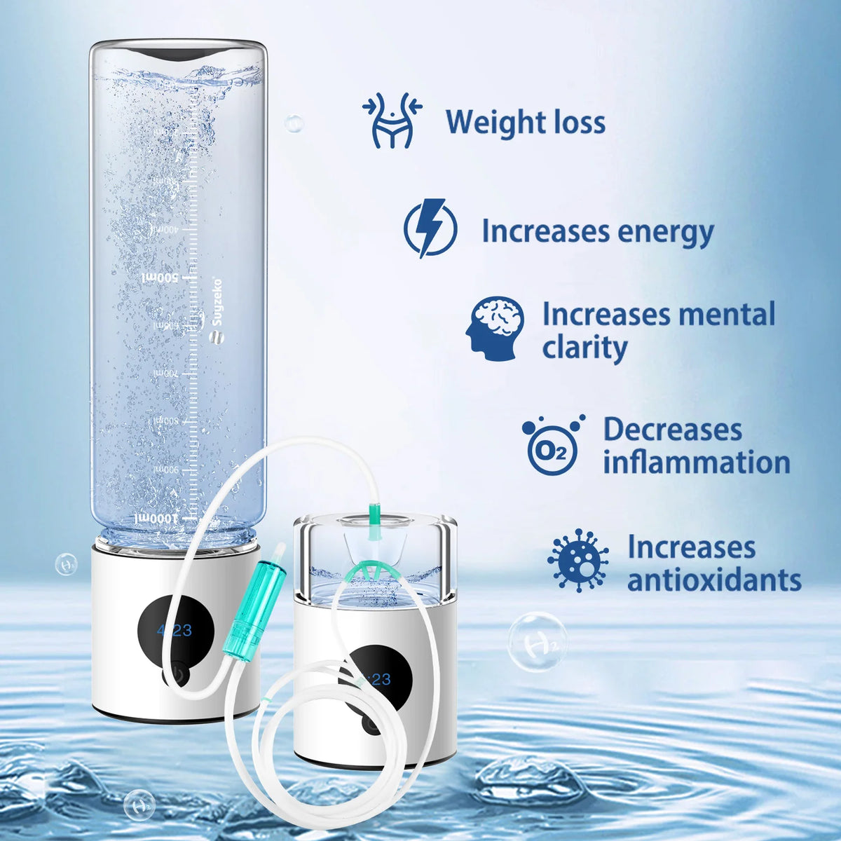Suyzeko Hydrogen Water Bottle Generator 6000ppb + Nasal Cannula Hydrogen Water Ionizer Qst