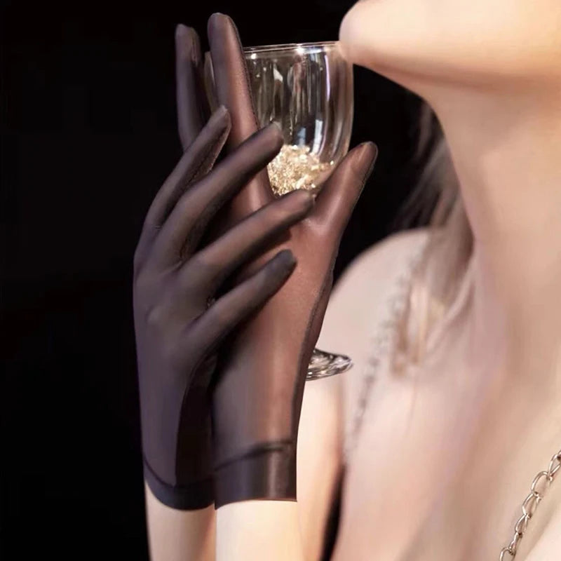 Women's Oil Glossy Ultra-Thin Elastic Wrist Gloves Fashion Wrist Gloves Qst black round edge
