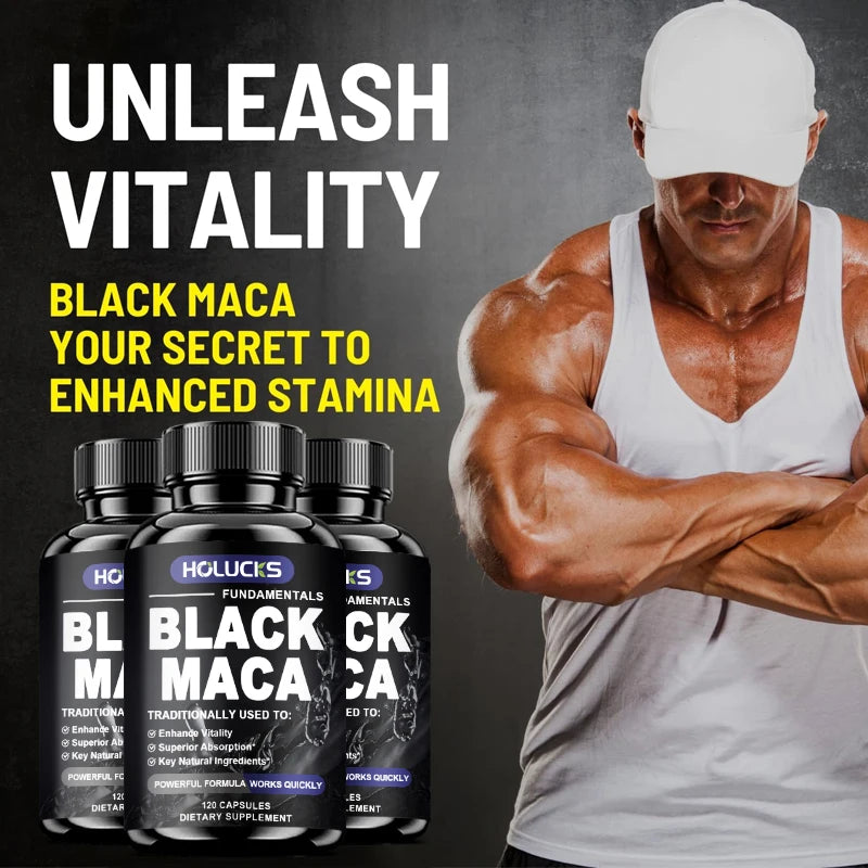 HOLUCKS Organic Black Maca Capsules – Energy & Vitality (120ct) Maca Supplement Qst