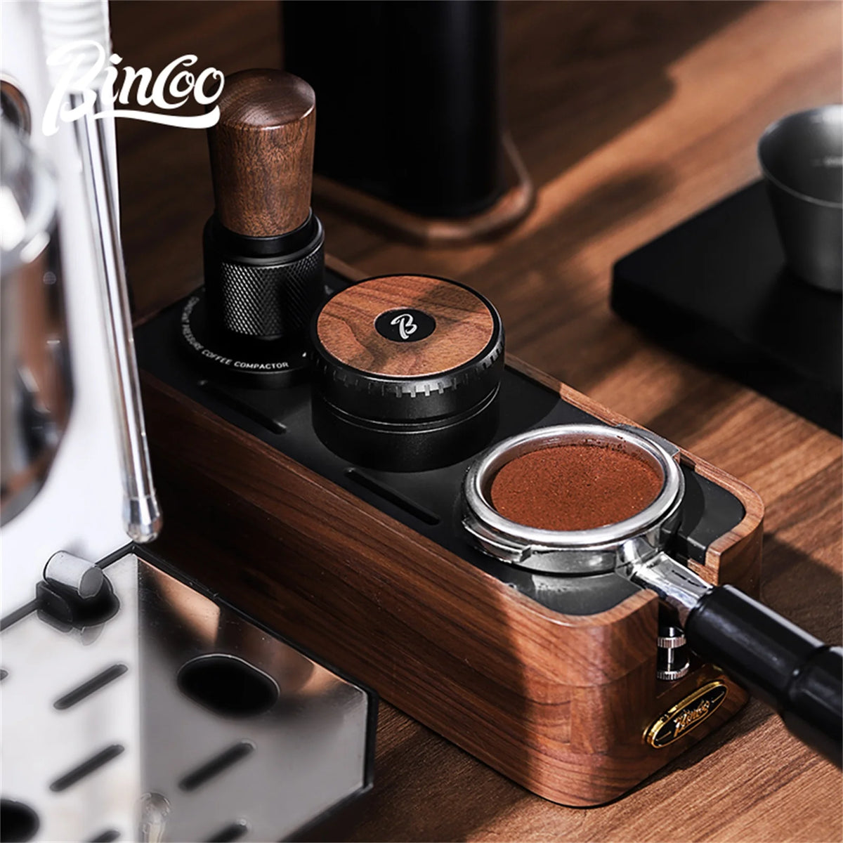 Bincoo 58mm Auto-Leveling Coffee Tamper – 5-Blade Wood Handle Espresso Tamper Qst