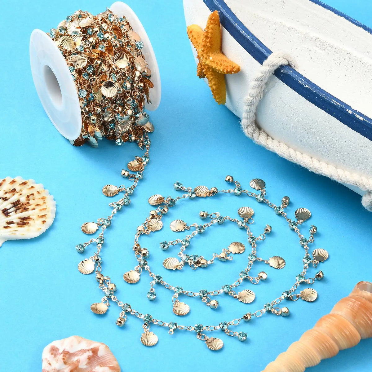 Pandahall 5m Golden Brass Jewelry Chain Sea Shell Charms Jewelry Making Chain Qme
