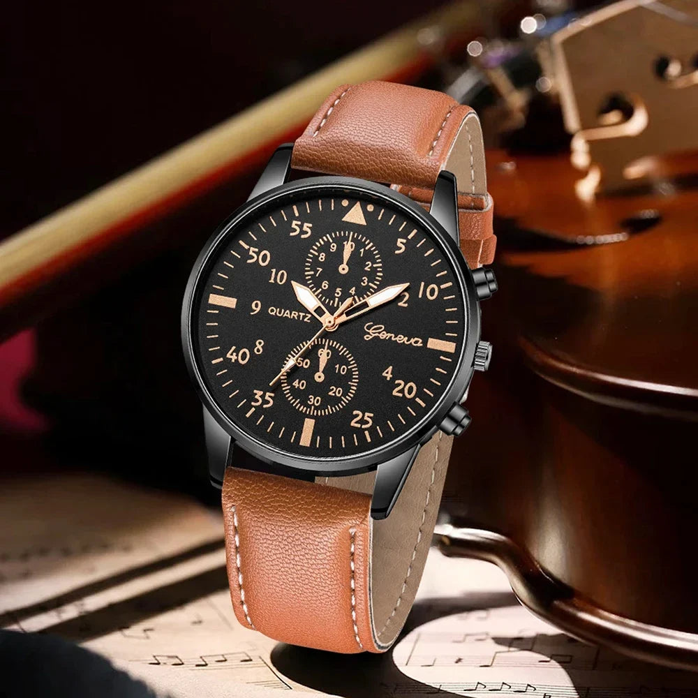 Geneva Men's Leather Strap Quartz Watch – Three-Eye Dial Men's Quartz Watch Qme
