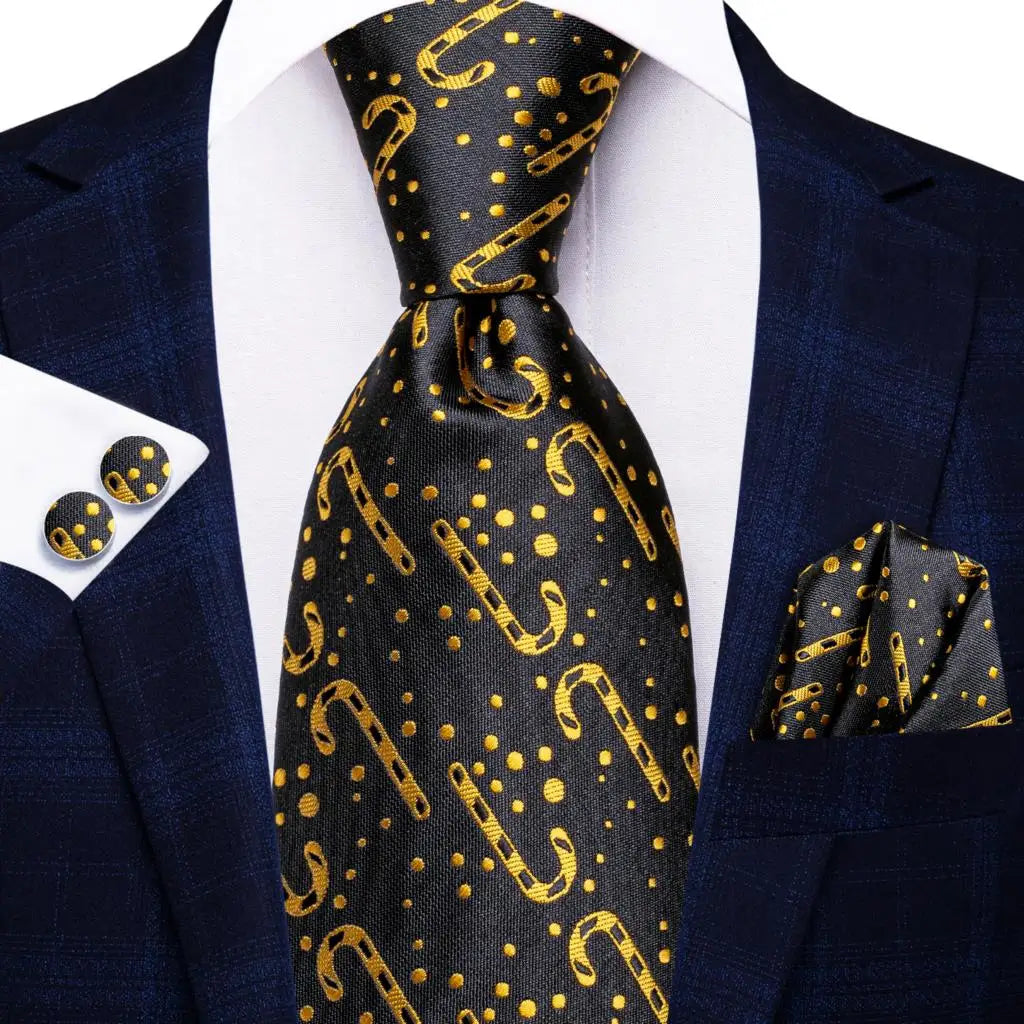 Hi-Tie 100% Silk Black Gold Jacquard Wedding Necktie Set