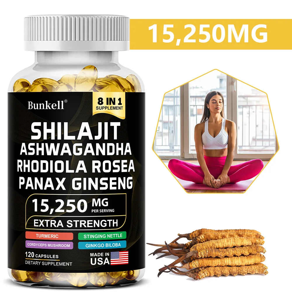 Shilajit 8-in-1 Capsules 15250mg – Ashwagandha Ginseng Turmeric Herbal Supplement Capsules Qst