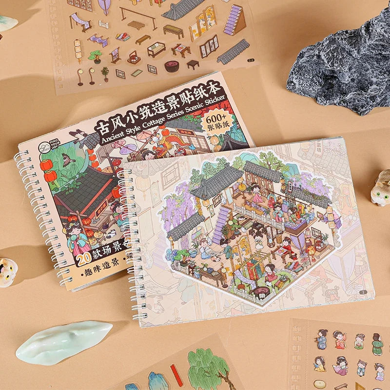 3D Cartoon Landscape Sticker Book – Ancient Building DIY Cabin 3D Sticker Book Qme