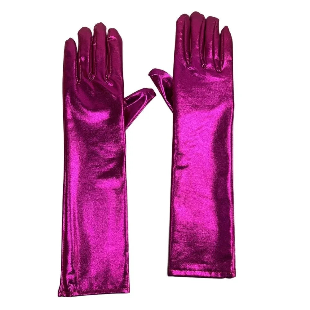 Women's Shiny Patent Leather Long Gloves – Sun Protection Long Fashion Gloves Qme Rose Red