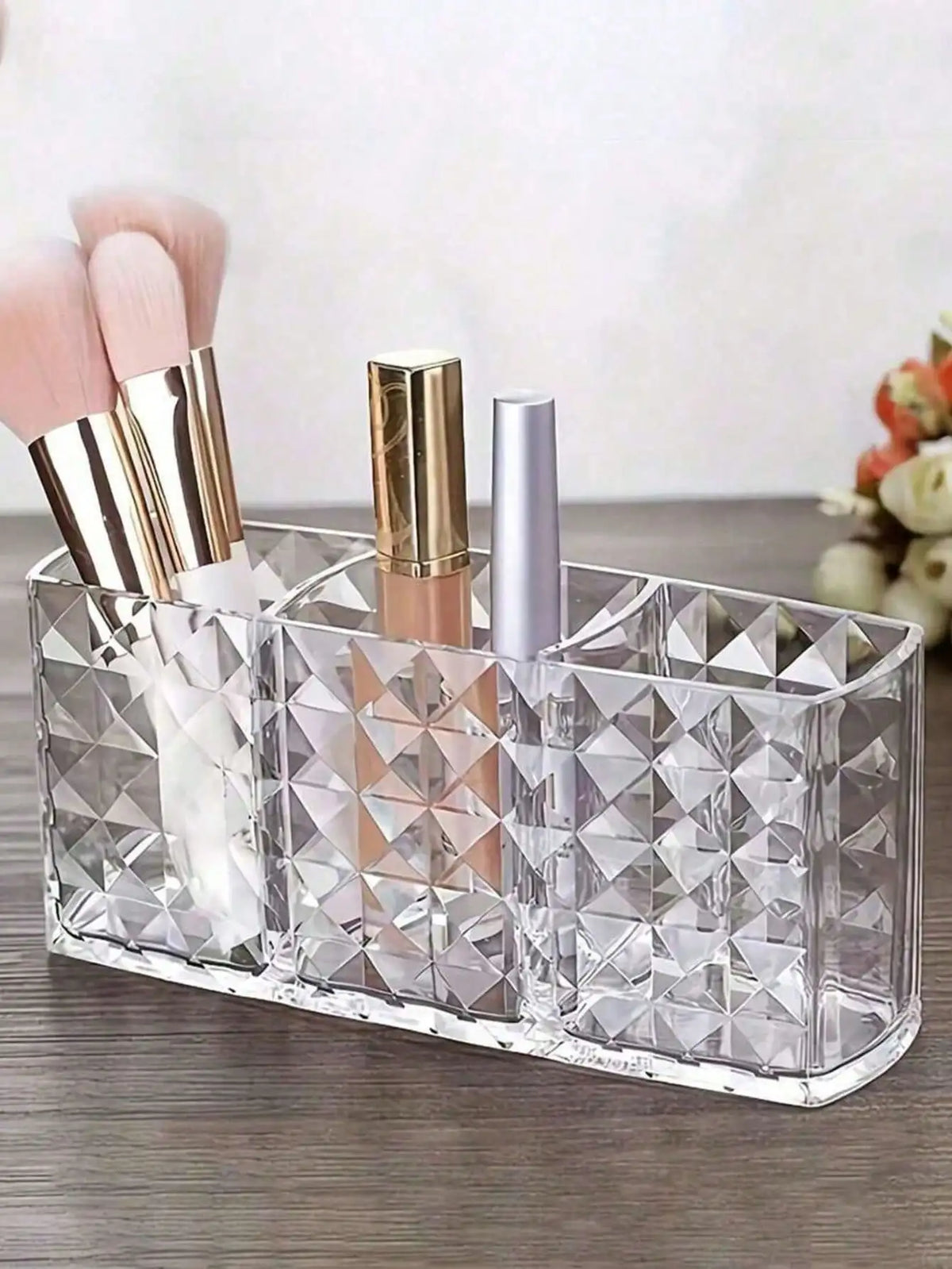 Clear Acrylic Makeup Brush Organizer – 3 Compartments Makeup Brush Organizer Qme
