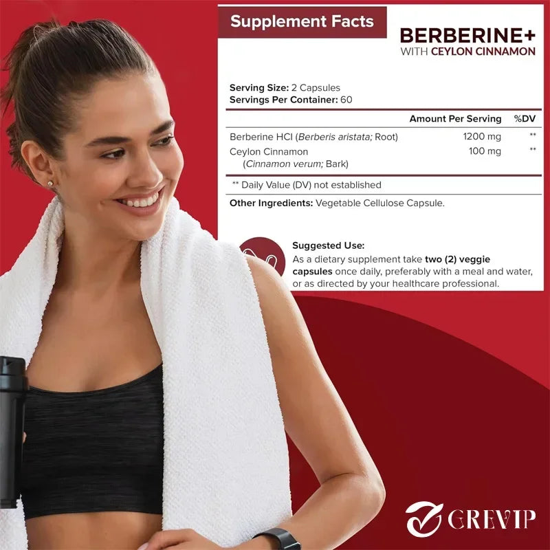 Berberine 1200mg + Ceylon Cinnamon – 120 Vegan Capsules Herbal Supplement Qst