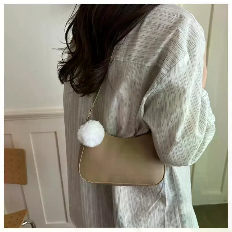 Small Square Shoulder Bag with Pom-Pom Charm | 6 Colors Mini Shoulder Bag Qme