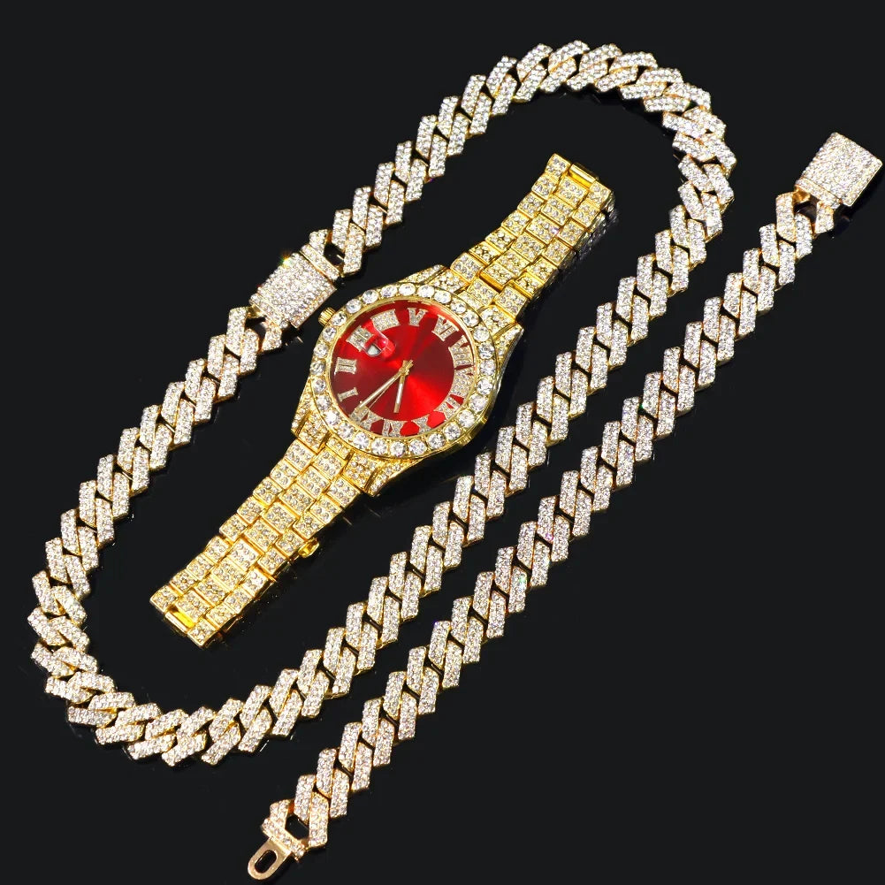 Rhinestone Hip Hop Cuban Chain Wrist Watch Set – 6 Colors Hip Hop Watch Set Qme Ivory No