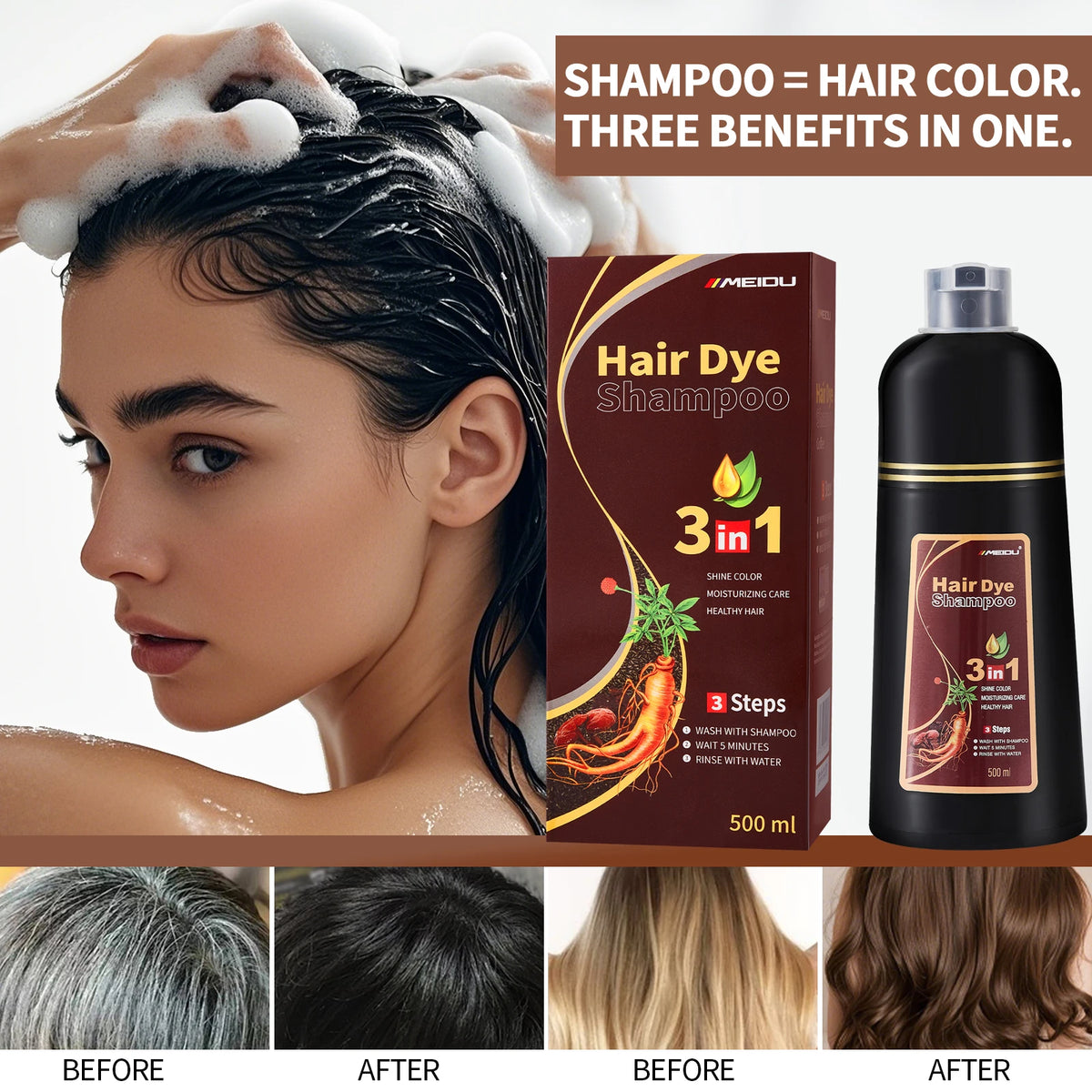 Meidu 3-in-1 Hair Dye Shampoo – Natural Color Men & Women Hair Dye Shampoo Qst
