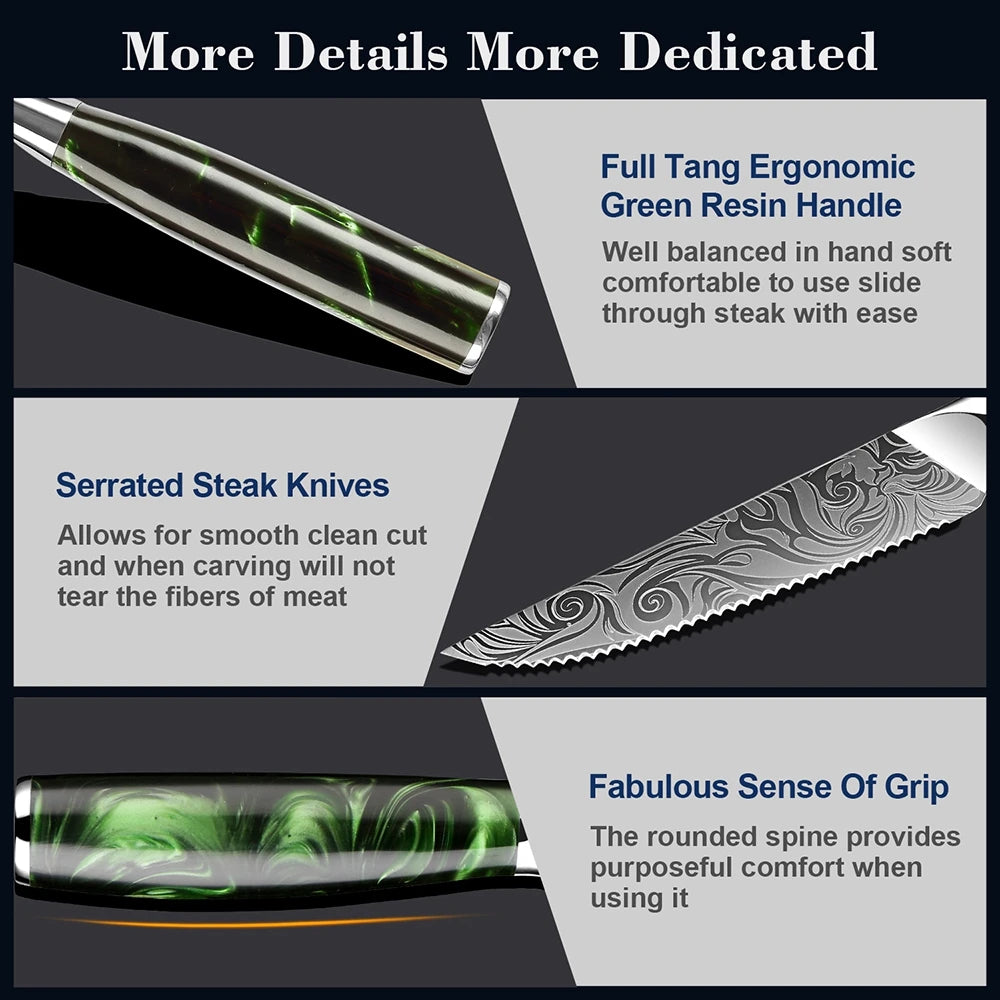 XITUO Serrated Steak Knife Set – Stainless Steel & Green Resin Steak Knife Set Qst