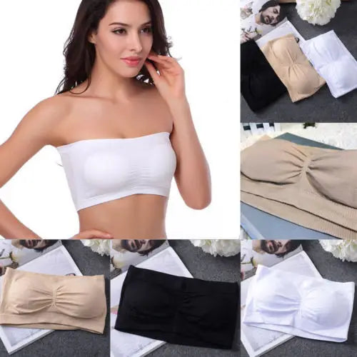 Double Layer Strapless Bandeau Bra – Removable Padded Stretchy Strapless Bandeau Bra Qme
