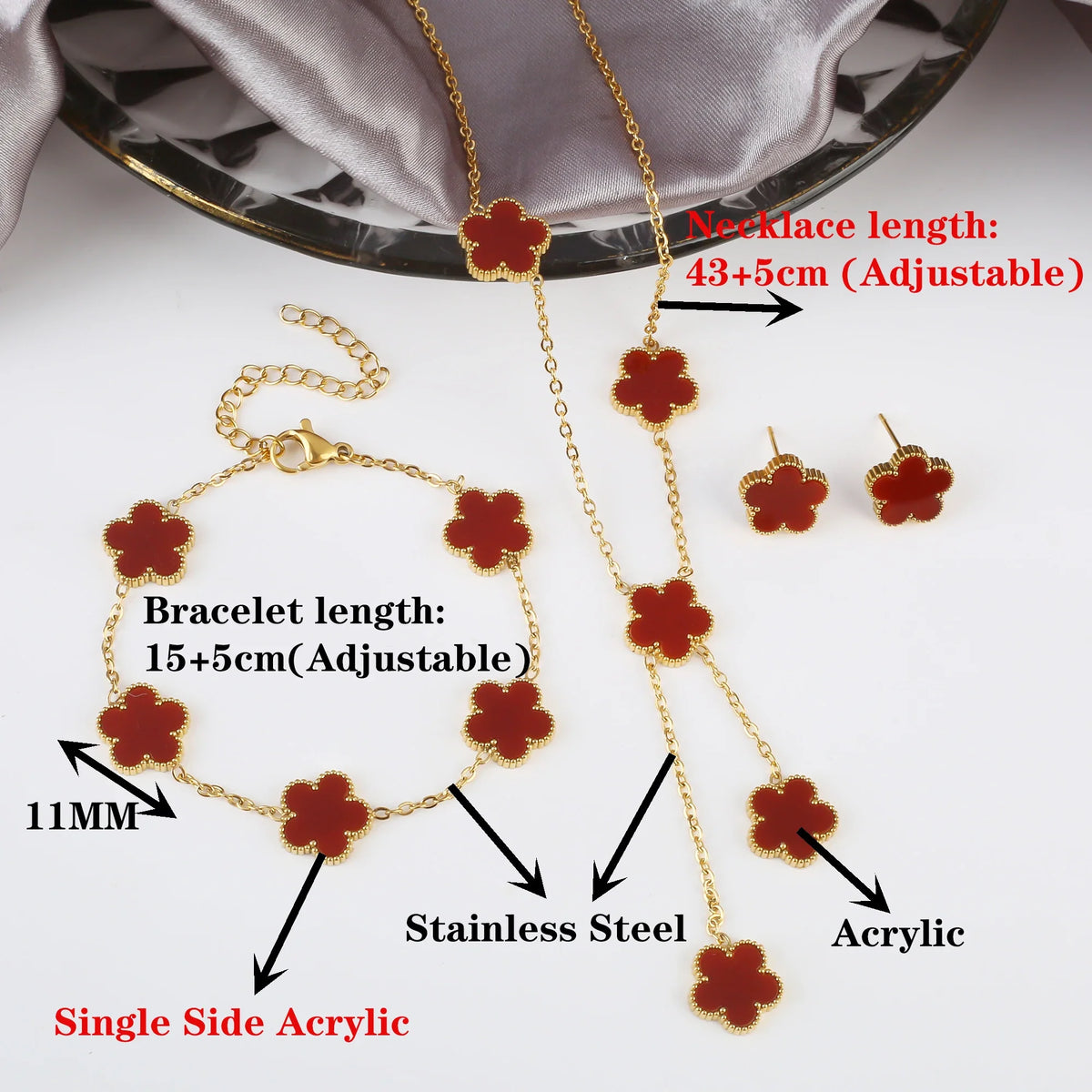 Five Leaf Flower Stainless Steel Bracelet Necklace Earrings Set Jewelry Set Qme