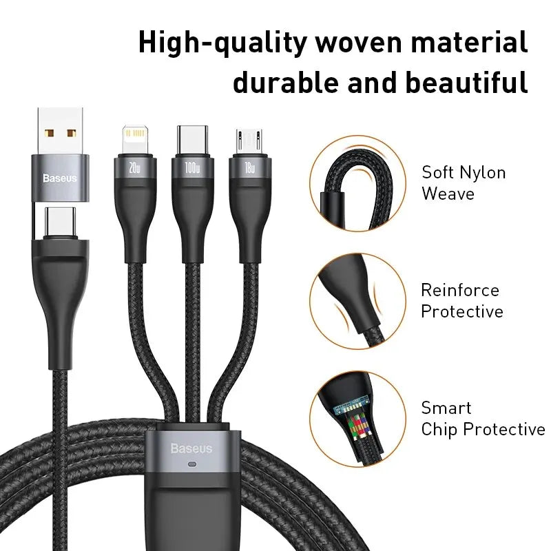 Baseus 3-in-1 USB-C Cable 100W for iPhone Samsung MacBook USB Charging Cable Qst