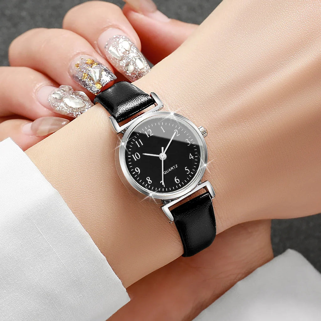 Women's Small Dial Quartz Watch Set – Simple Fashion Wristwatch Women's Quartz Watch Qme black