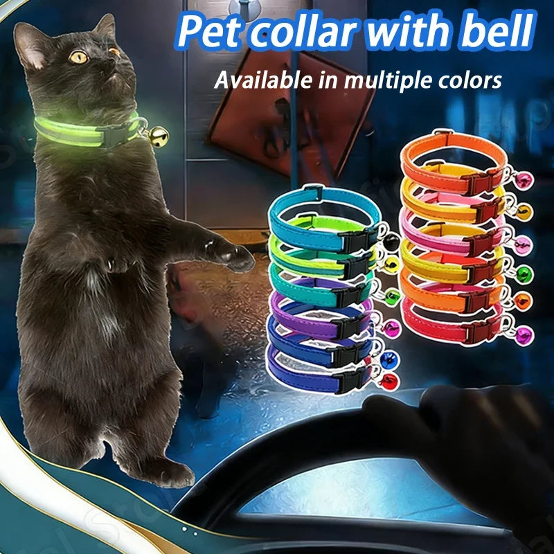 Glowing Reflective Cat & Dog Collar – Safety Buckle & Bell Reflective Pet Collar Qme