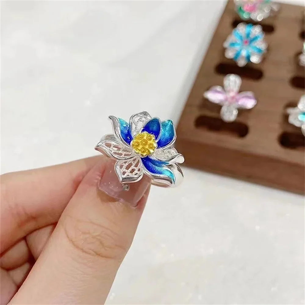 Retro Blue Enamel Lotus Ring – Adjustable Ethnic Minimalist Enamel Fashion Ring Qme Blue resizable