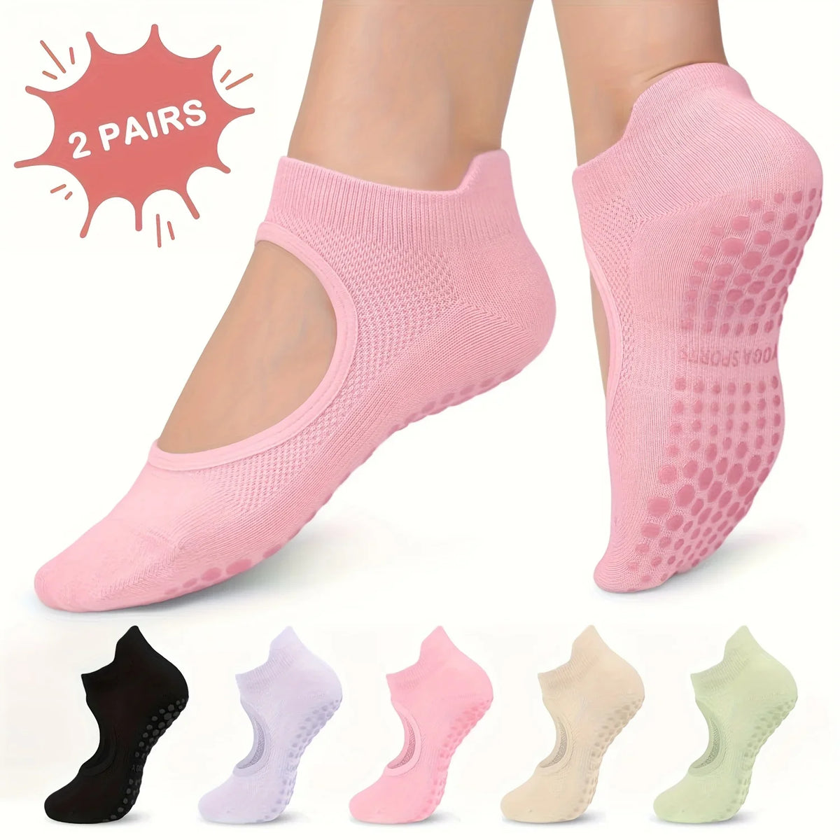 Women's Non-Slip Pilates Yoga Socks Open Toe Arch Support 2 Pairs Yoga Grip Socks Qme