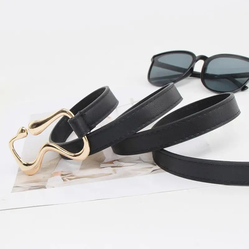 Women's PU Leather Thin Waist Belt – Gold Knotted Buckle Women's Fashion Belt Qst
