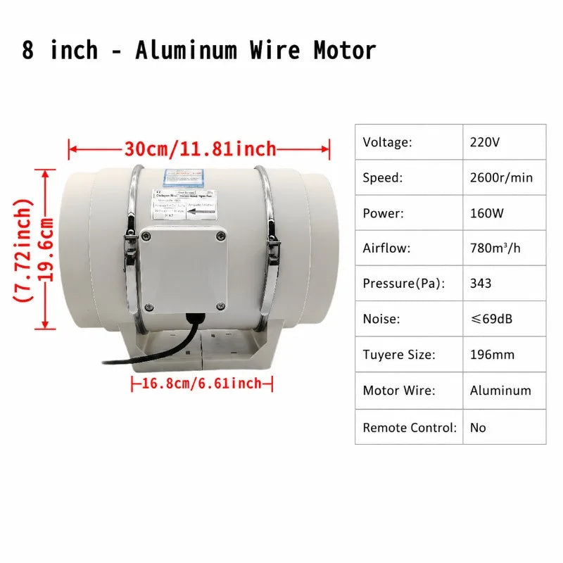 ZARTSEN Quiet Inline Duct Exhaust Fan – Bathroom & Kitchen Inline Exhaust Fan Qst 8inch 220V-240V EU Plug