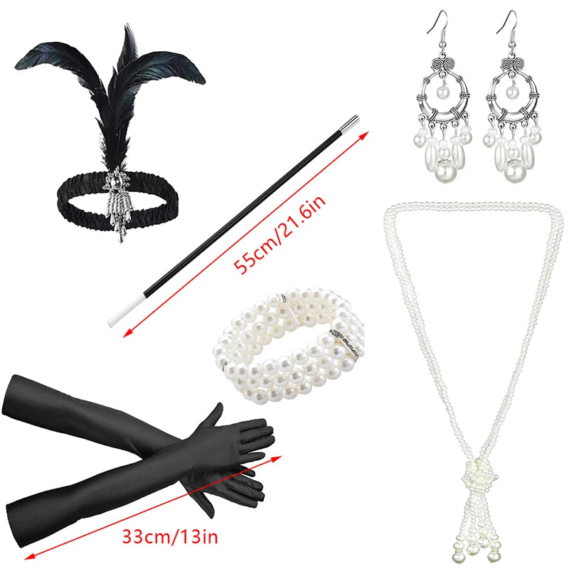 1920s Flapper Costume Set – Headband, Pearl Necklace & Gloves Costume Accessory Set Qst