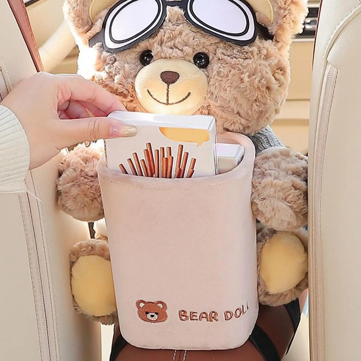 Plush Bear 2-in-1 Car Tissue Box & Trash Can | Auto Organizer Car Interior Organizer Qme