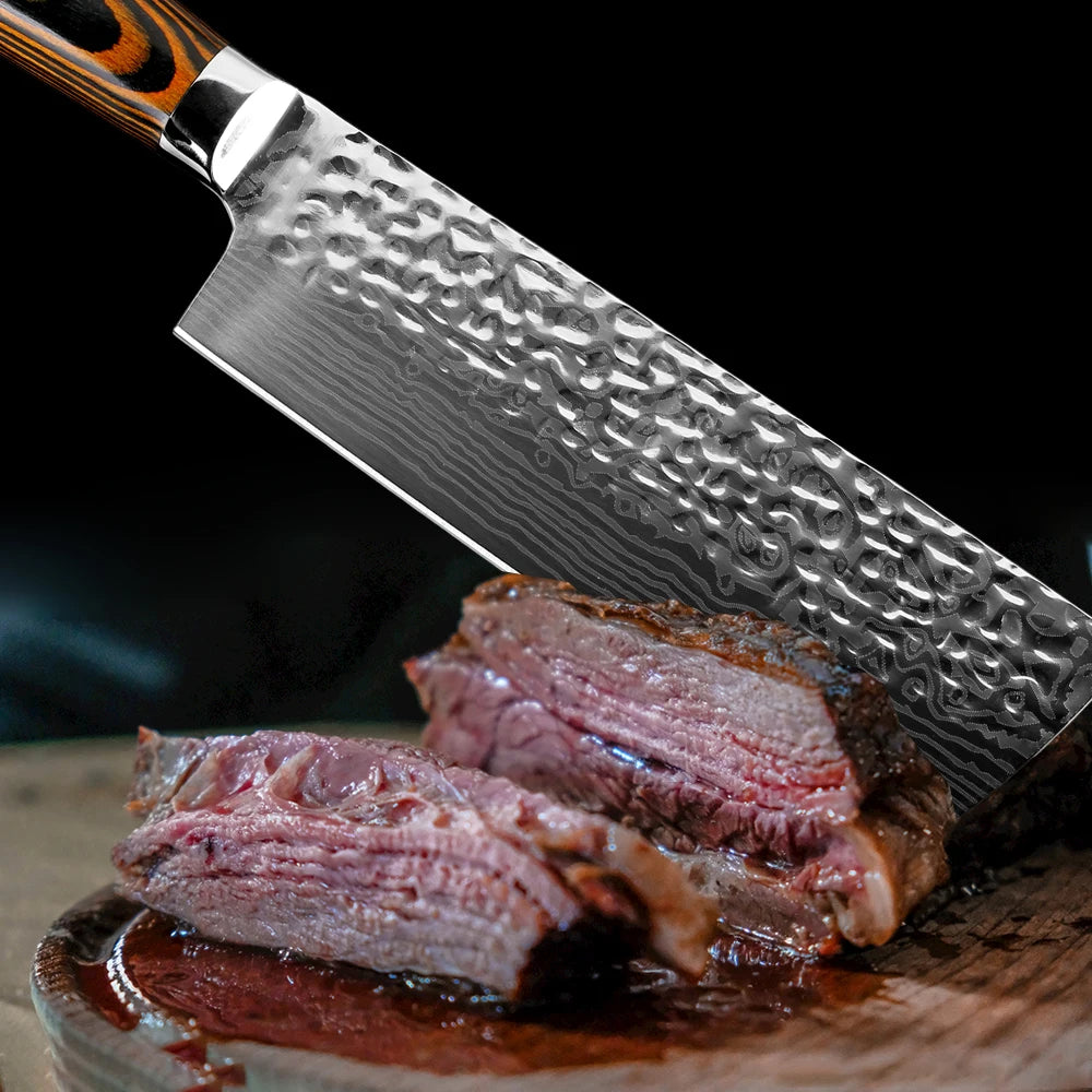 XITUO Nakiri Cleaver 440C Steel Patterned Blade | Wood Handle Kitchen Cleaver Knife Qst
