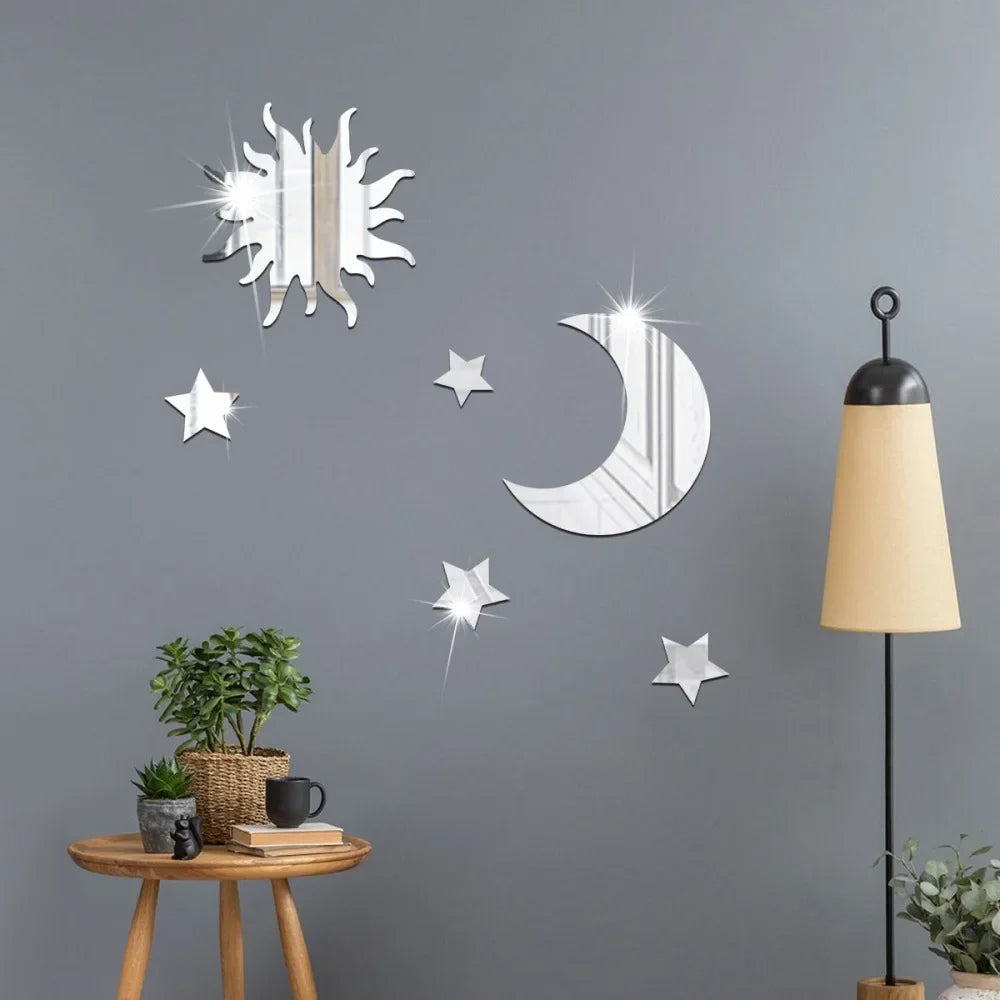 Star & Moon Acrylic Mirror Wall Stickers | DIY Home Decor Mirror Wall Stickers Qme silver