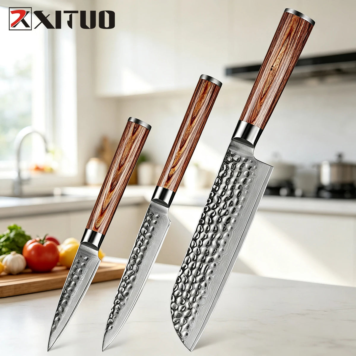 XITUO Damascus Steel Kitchen Knife Set – Gold Wood Handle Kitchen Knife Set Qst 3PCS Knife