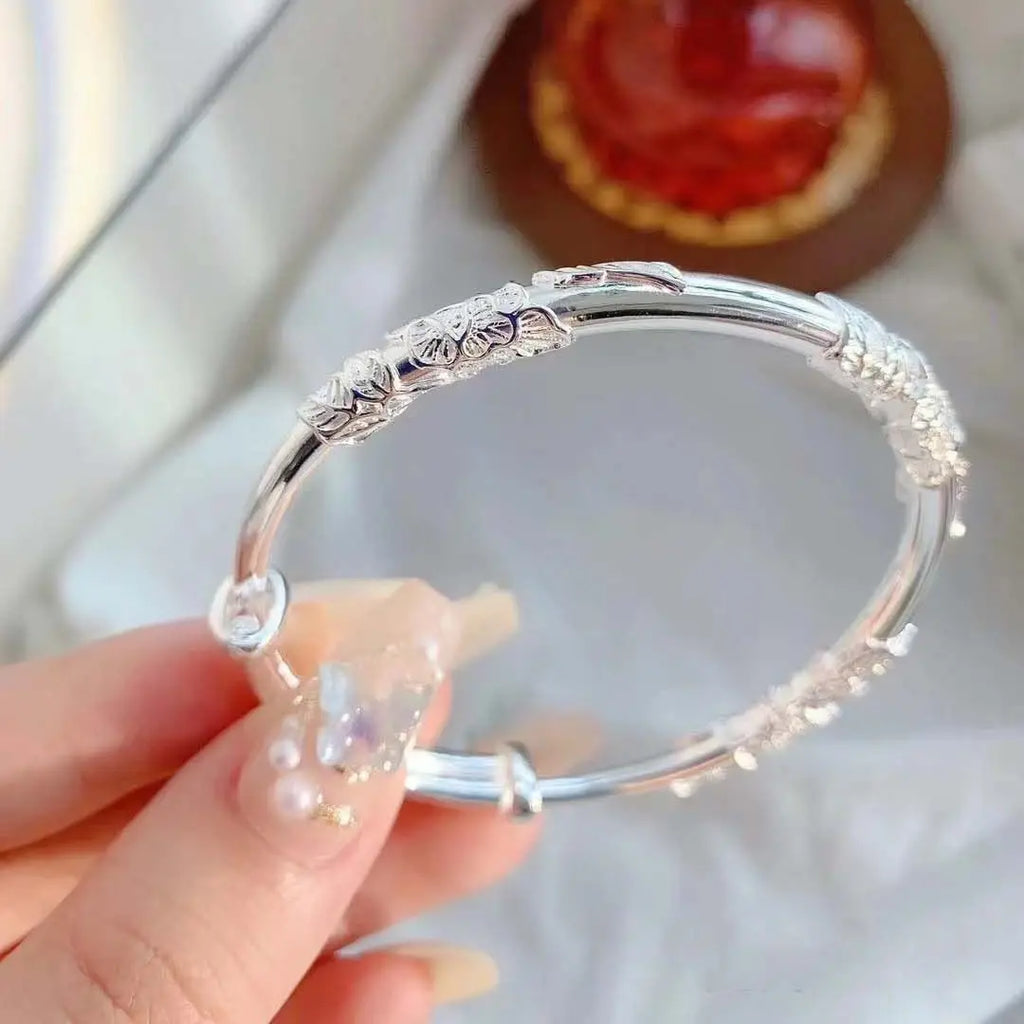 Embossed Floral Silver Plated Adjustable Bangle Bracelet Floral Bangle Bracelet Qme