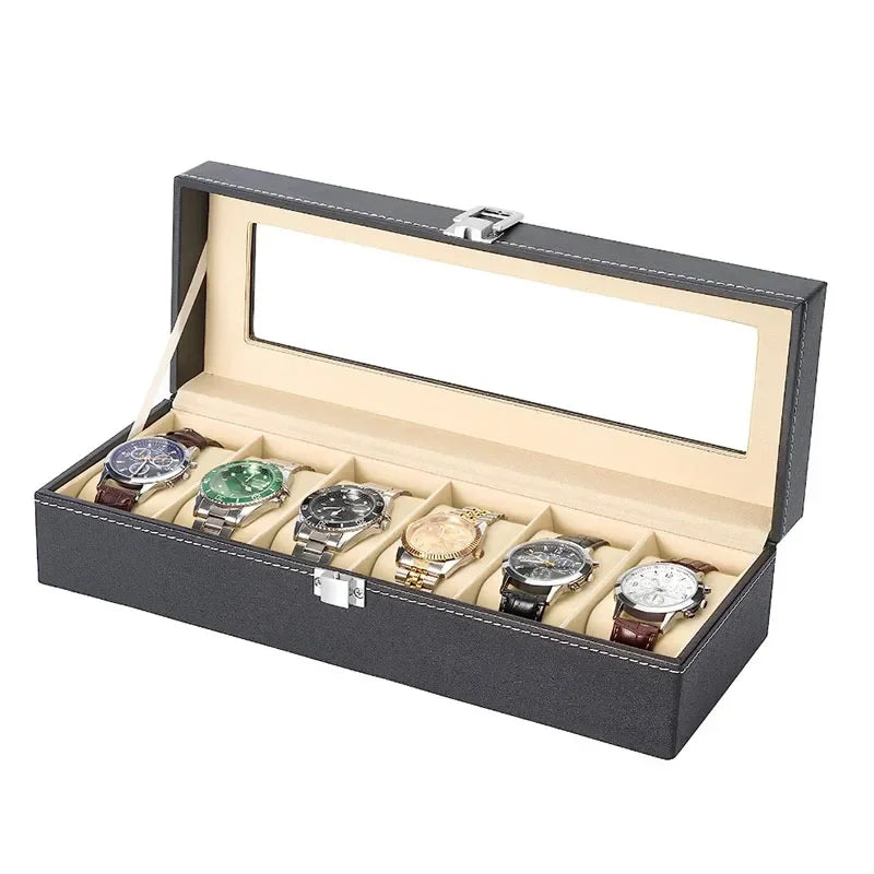 6-Slot Lockable PU Leather Watch Box | Jewelry Organizer Watch Storage Box Qme 6 slot