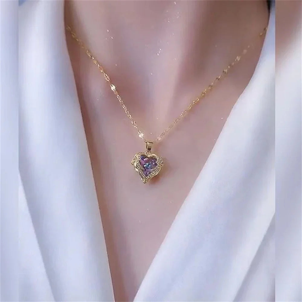 Blue Purple Crystal Ocean Heart Necklace – Sparkling Luxury Crystal Pendant Necklace Qme