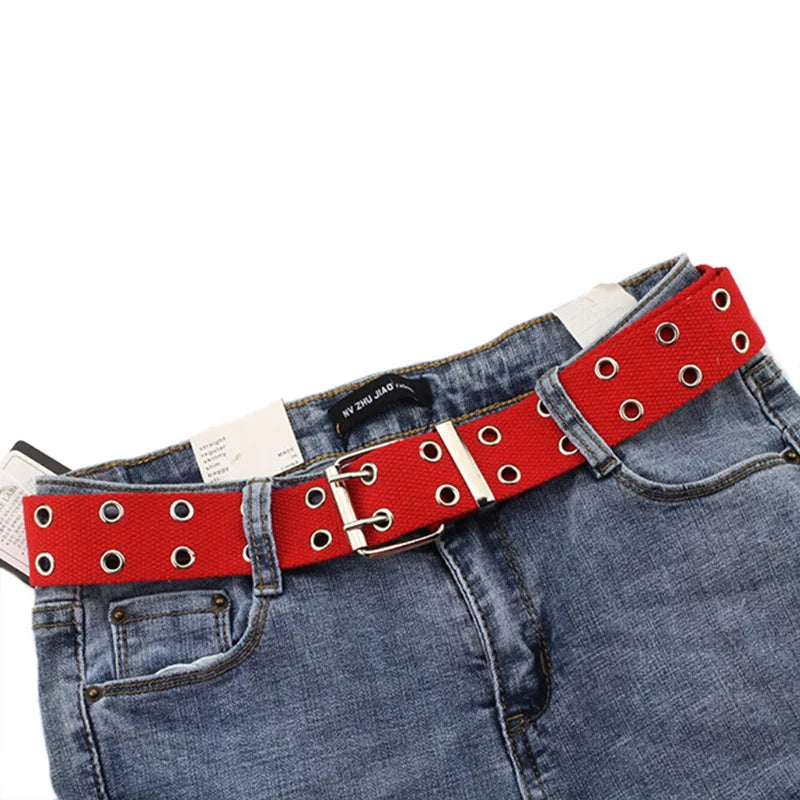 Women Studded Grommet 2-Row Canvas Punk Belt 105cm Canvas Fashion Belt Qst Red