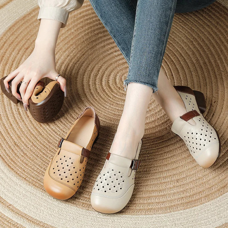 Women's Vintage Buckle Sandals – Genuine Leather Low Heel Women's Sandals Qst