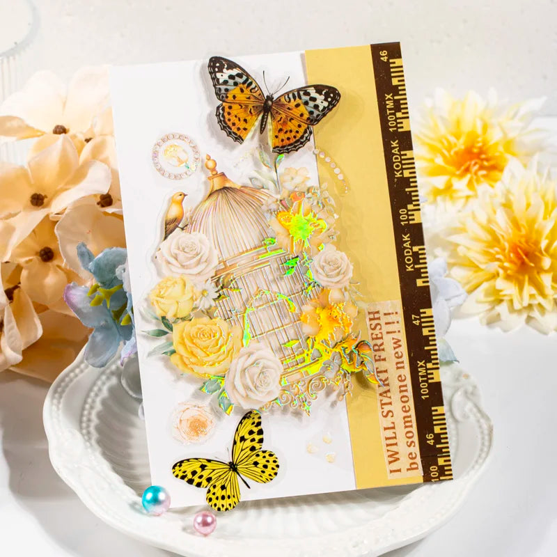Laser Bronzing Birdcage PET Stickers for Scrapbooking Decorative Craft Stickers Qme