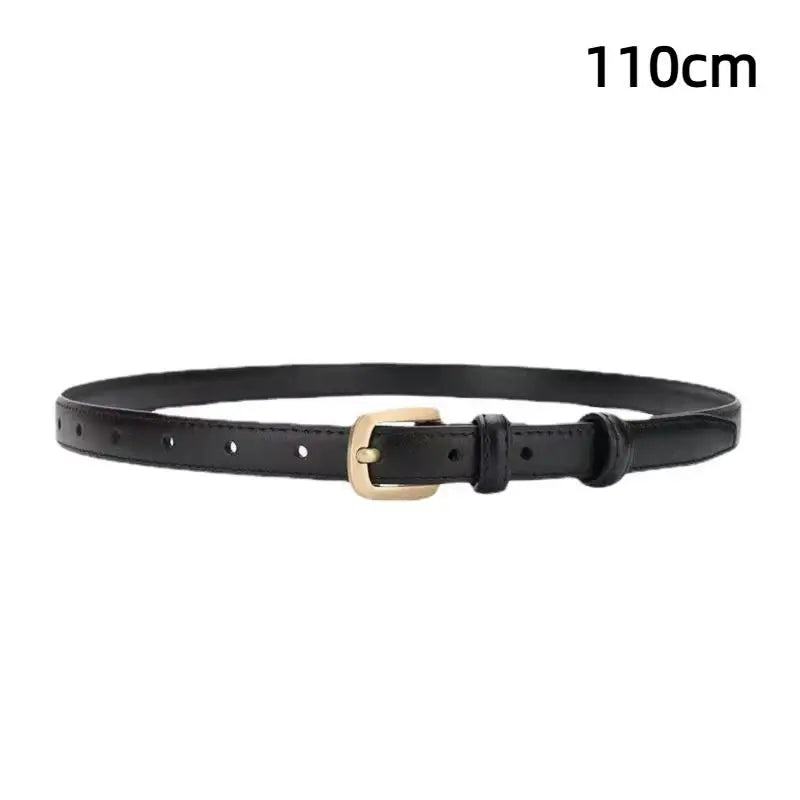 Women's 2cm PU Leather Belt – Slim Metal Buckle Western Style Women's Belt Qst Black2