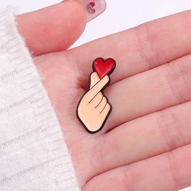 Cartoon Heart Gesture Enamel Pin – Cute Lapel Badge Enamel Lapel Pin Qme