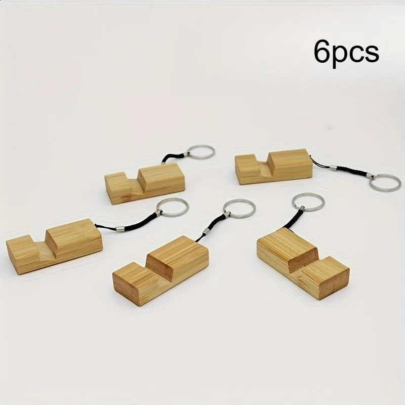 Bamboo Wood Phone Stand Keychain | Mini Portable Cell Holder Keychain Phone Stand Qme 6pcs
