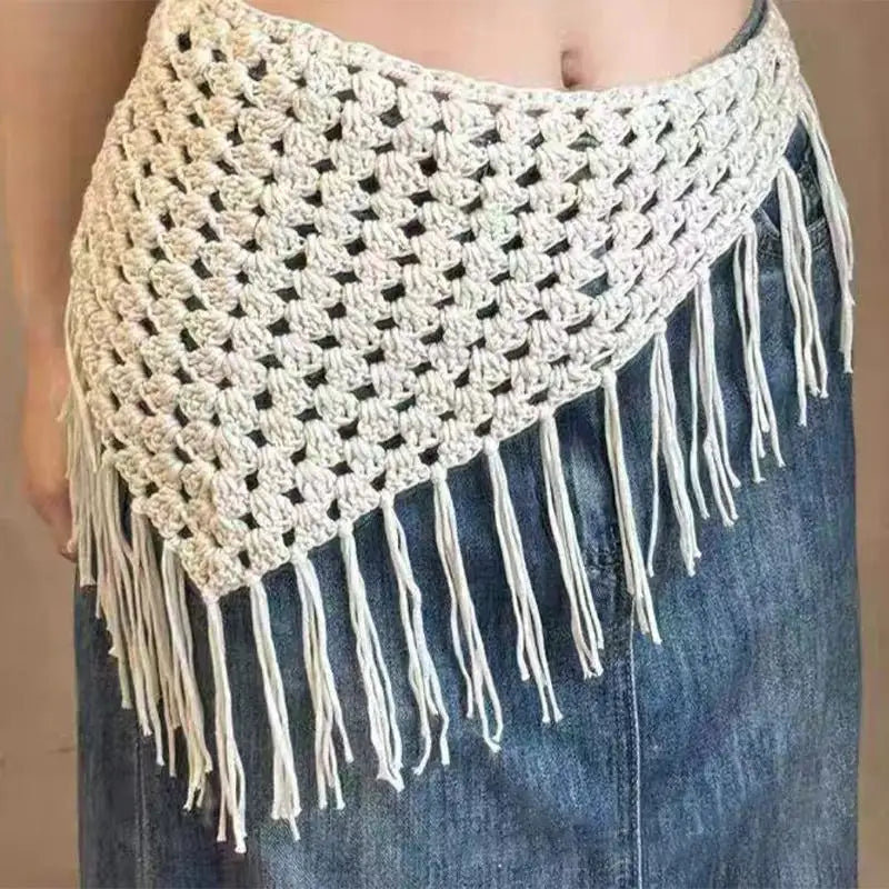 Women's Y2K Tassel Triangle Scarf – Hip & Waist Wrap Tassel Wrap Scarf Qst White