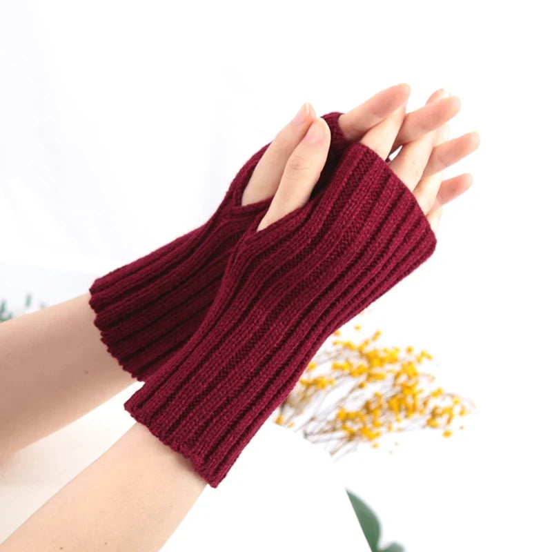 Women's Crochet Fingerless Arm Warmers – Knit Winter Gloves Fingerless Arm Warmers Qme wine red length-20cm